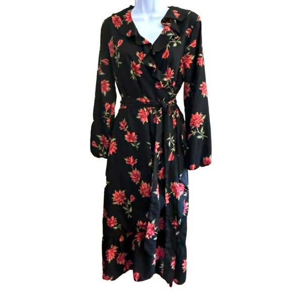 Draper James RSVP Women's Black Red Floral Midi Dress Size Medium V Neck - Picture 2 of 5